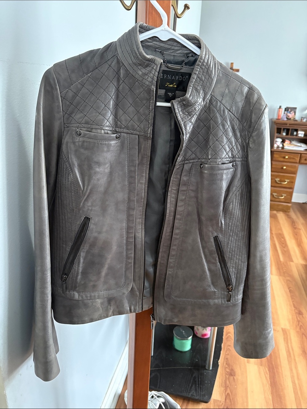 Bernardo Quilted Gray Leather Bomber Jacket